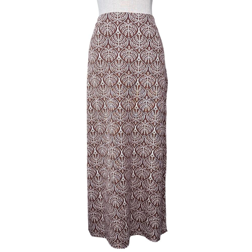 Linen Blend Maxi Skirt Brown Cream Palm Print Boho Summer L Bluesteel